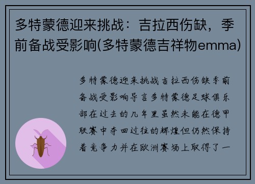 多特蒙德迎来挑战：吉拉西伤缺，季前备战受影响(多特蒙德吉祥物emma)