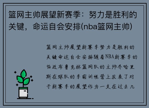 篮网主帅展望新赛季：努力是胜利的关键，命运自会安排(nba篮网主帅)